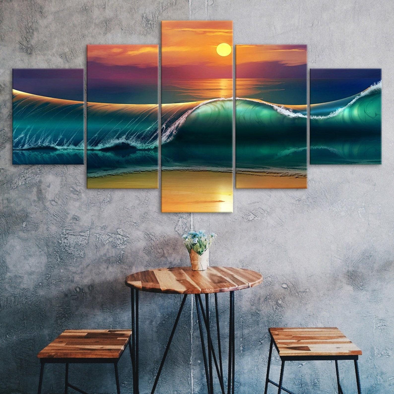 

Sunset Beach Huge Waves Seascape Painting 5 Piece Five Panel Wall Canvas Print Modern Art Poster Home Decor Gift For Him For Her 20X35 20X45 20X55CM
