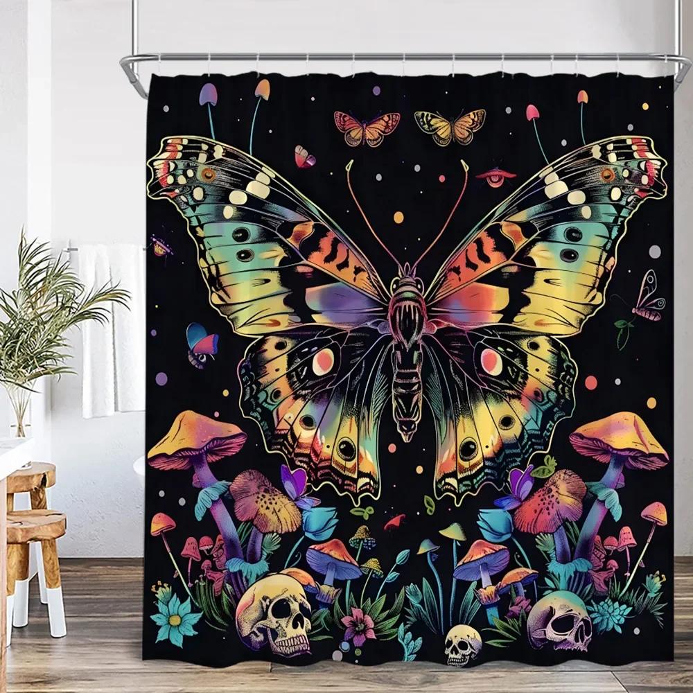 Vintage Butterfly Floral Shower Curtain Dragonfly Flower Moon Plant Skull Witch Magic Shower Curtain Bathtub Decoration