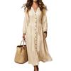 Women's Long Sleeve Stand Collar Maxi Dress with Single-Breasted Waist-Cinching Flared Hem for Vacation