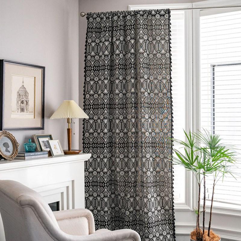 Bohemia Black Geometry with Tassels Curtain Thick Blackout Curtains for Living Room American Style Vintage Drape Kitchen Valance