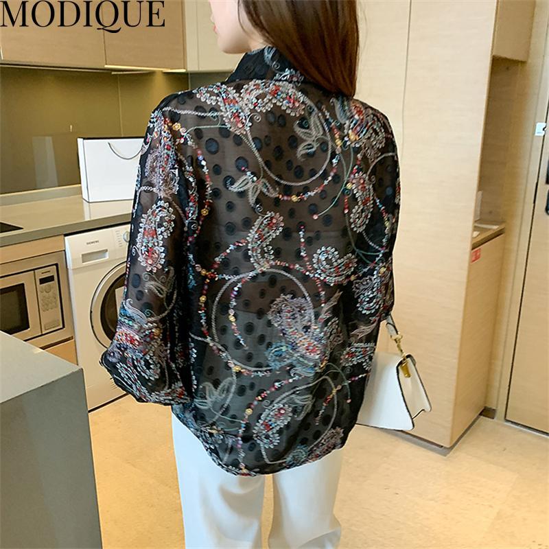 MODIQUE Jaro Léto Nadměrné velikosti Dámské Volné Elegantní Bavlna Hedvábí Květinová Výšivka Tyl Halenka Košile Dámská Móda Ležérní Výstřih do V Lucernové Rukávy Kabáty