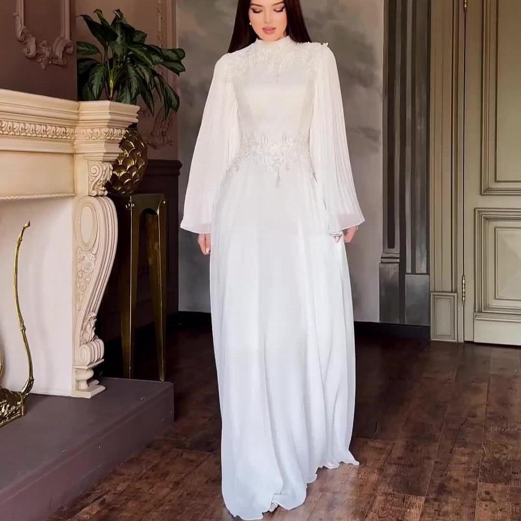 2024 Rochie Maxi Elegantă de Damă, Culoare Solidă, Mânecă Lungă, cu Broderie Bogată și Guler Semi-Înalt
