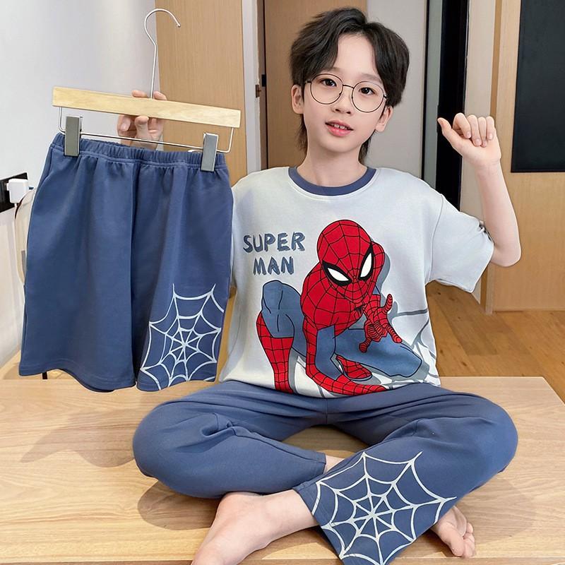 Cotton 3-Piece Pajama Set Boys Lightweight Short Sleeve Sleepwear Cartoon Print Home Wear Ages 8