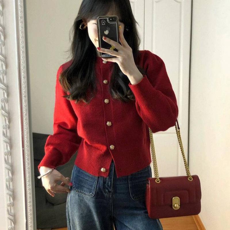 Auspicious Red Waist-Defining Knit Cardigan Sweater for Women