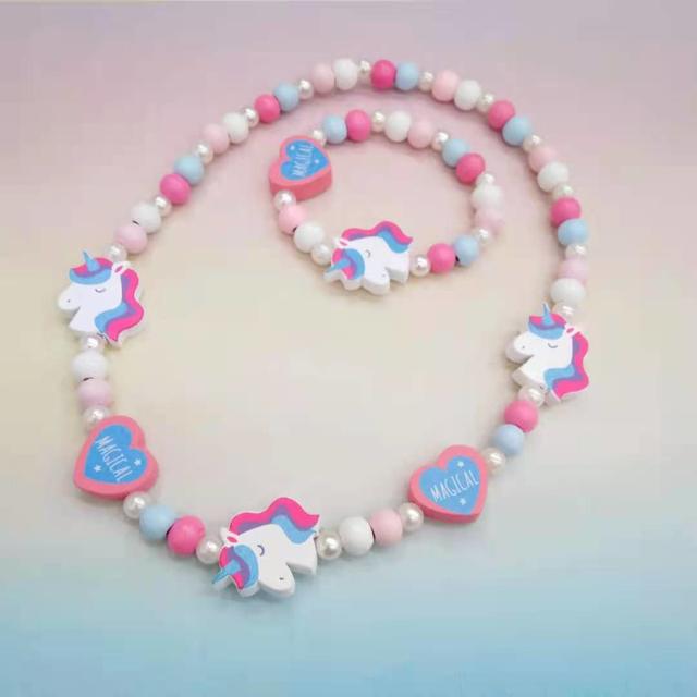 2pcs/Set Fashion Natural Wood Beads Jewelry Cute Animal Pattern Necklace Bracelet For Children Party Jewelry Girl Birthday Gift