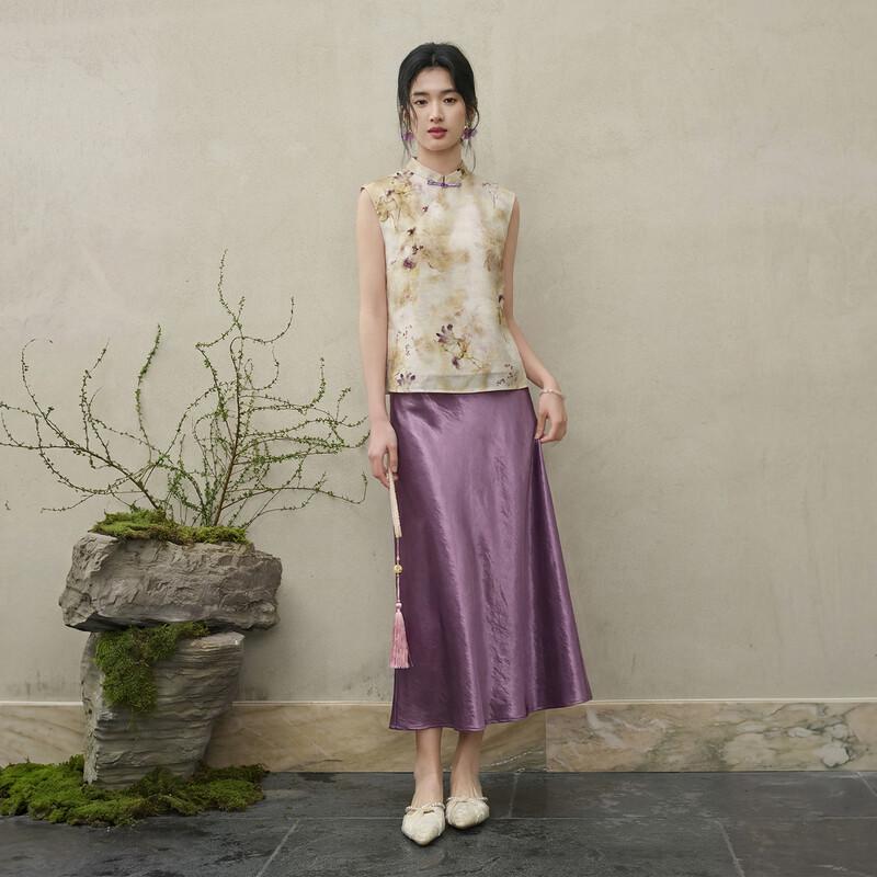 Shangdoubila Chinese Style Printed Vest & Satin Skirt Set
