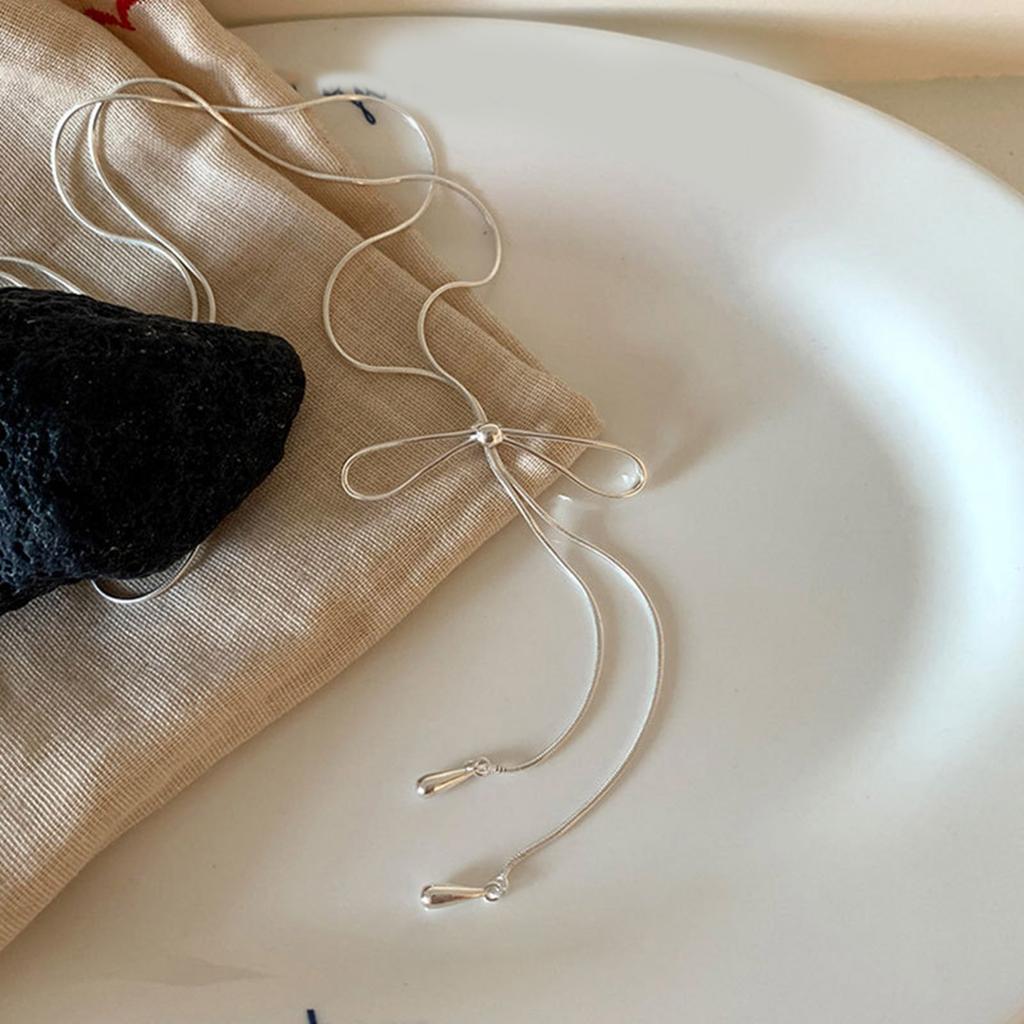 Elegant Bowknot Geometric Long Tassels Necklace for Women Girls Trendy Sweater Chain Adjustable Length Neckchain