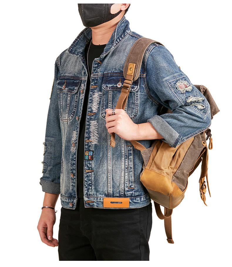 Xintang Men's American Retro Ripped Patchwork Denim Jacket - Loose Fit, Long Sleeve