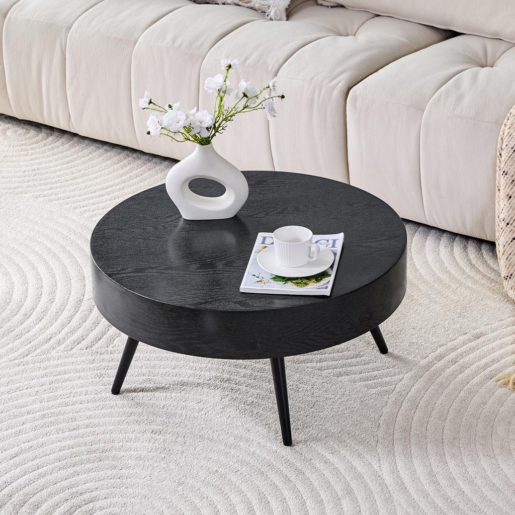 Tavolino da Caffè Rotondo con Diametro 70 cm in Legno Nero (MDF) & Gambe in Metallo Nero. Design Minimalista, Ideale per Soggiorno e Spazi Piccoli.