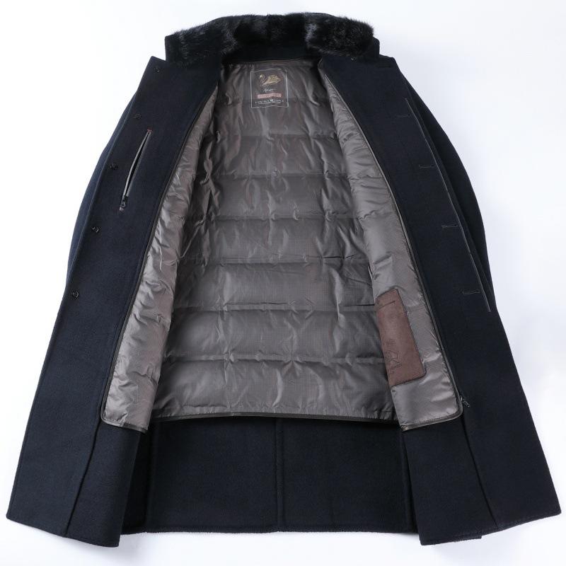 Long Wool Double-sided Woolen Coat for Middle-aged Men with Stand-up Collar and Removable Down Liner for Dad, Large Size Woolen Coat