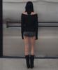 GINSEUKI Studded Off-Shoulder Shirring Long Sleeve (Black)