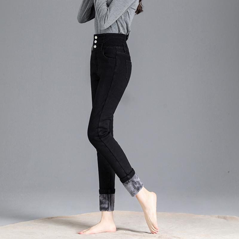 Džíny z fleecu s vysokým pasem, Dámské podzimní a zimní skinny džíny, Rovné nohavice, Přiléhavé, Zesílené a zeštíhlující tužkové kalhoty