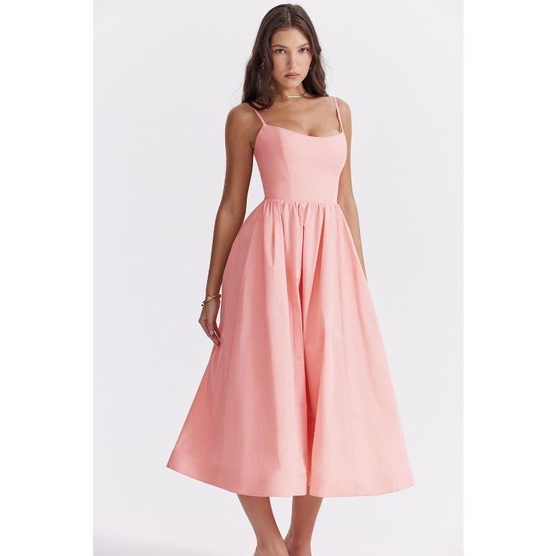 Vestido de Verão Solto com Suspensório Moda Novo Elegante Feminino Sem Mangas Decotado Linha A Vestidos de Festa Simples Cor Sólida Roupas Femininas
