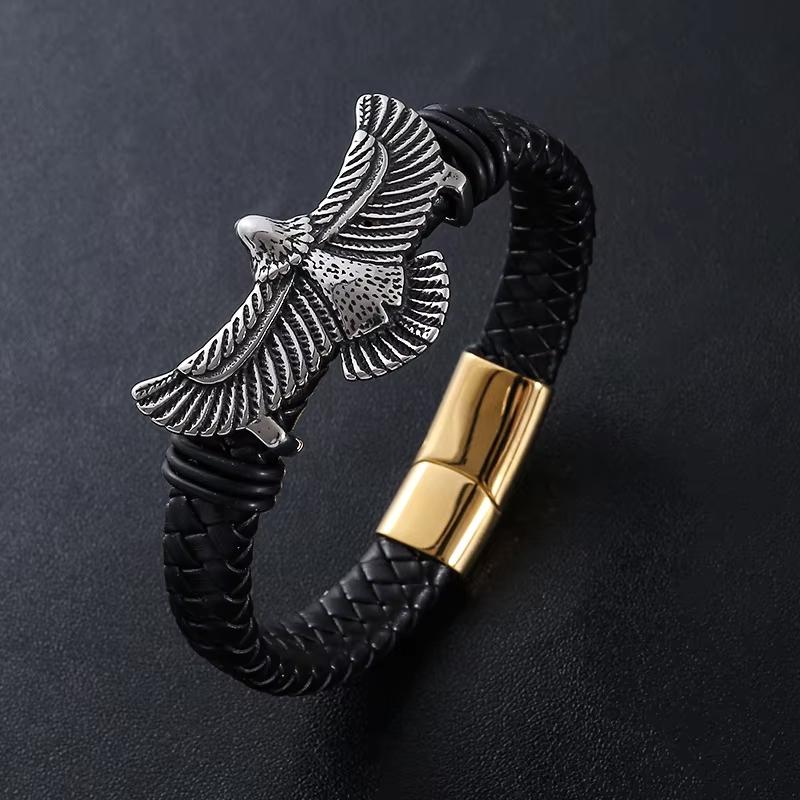 Punk Vintage Gothic Animal Eagle Leather Braided Stainless Steel Gold Plated Fashion Jewelry Bracelet Bangle Men Magnetic Gift