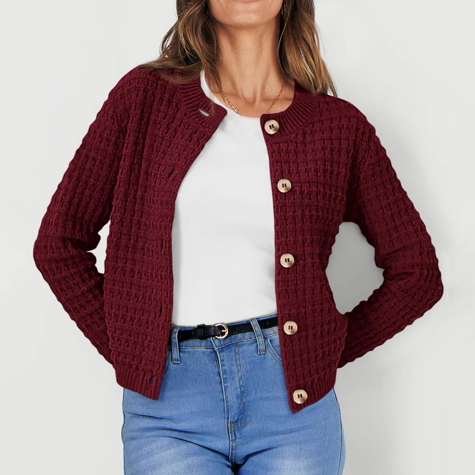 

Женский модный однотонный кардиган на пуговицах, вязаный, с длинными рукавами, повседневный свитер-жакет XL винный