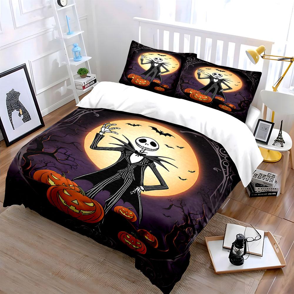 Halloween Skeleton and Pumpkins Bedding Duvet Cover Set Duvet Cover Pillowcases  (1*Duvet Cover 2*Pillowcases, Without Duvet Insert)