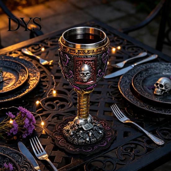 Heavy Duty Beverage Container Horrible Resin Stainless Steel Skull Goblet, Retro Skeletal Wine Gothic Metal Lined Goblet Cocktail Glasses, Vintage