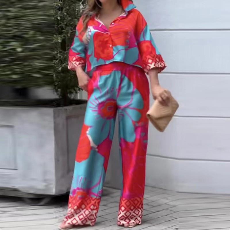 Temperament Fashionable Commuting Long-sleeved Loose Shirt High Waist Wide-leg Pants Women's Suit