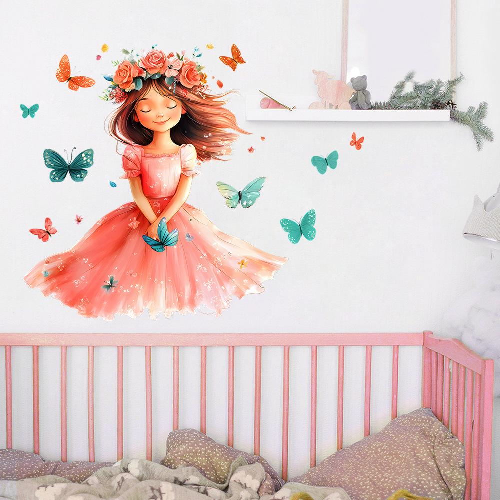 Self Adhesive Dreamy Girl Butterfly Flower Wall Stickers Peel and Stick Removable Waterproof