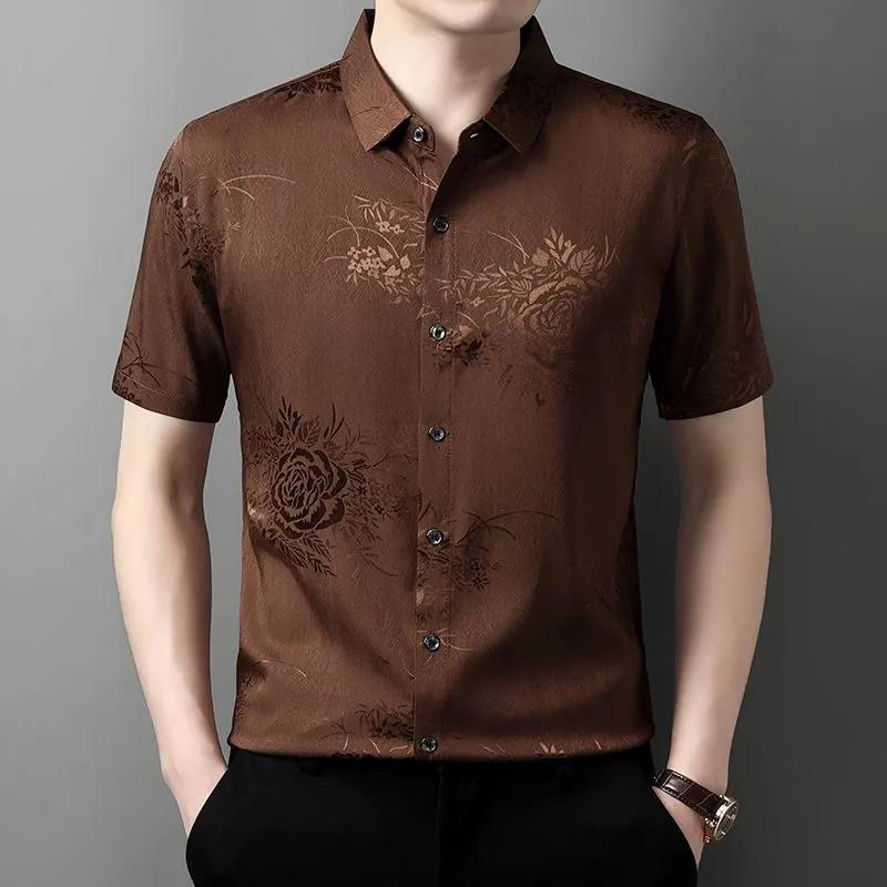 

Men Summer Floral Jacquard Short Sleeve Shirt 4XL коричневий