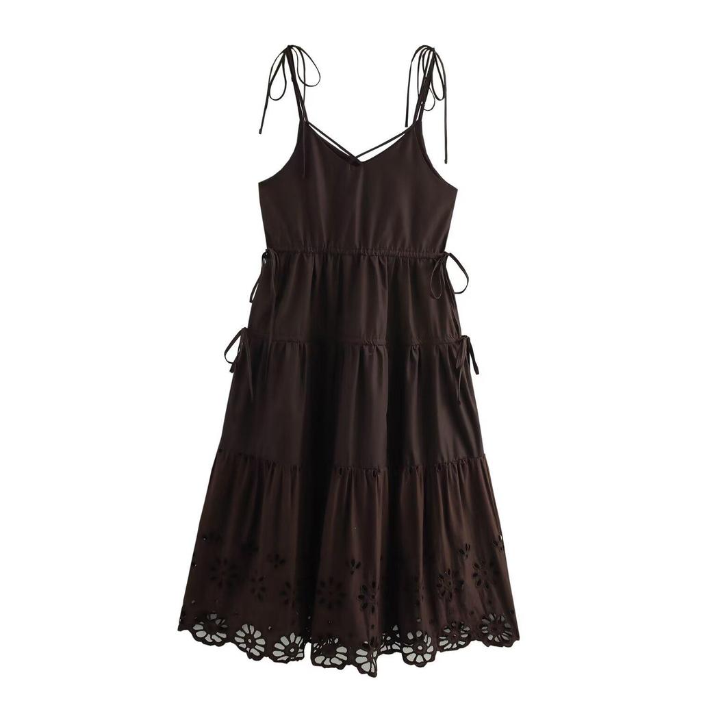 2025 Summer Spaghetti Strap Cotton Embroidered Dress: Fashionable Solid Color Women's Dress