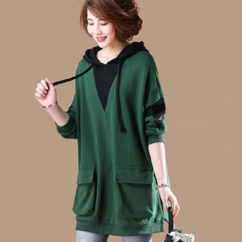 Korean Style Women's Plus Size Hooded Sweatshirt - Long Sleeve, Mid-Length, for Autumn 2021