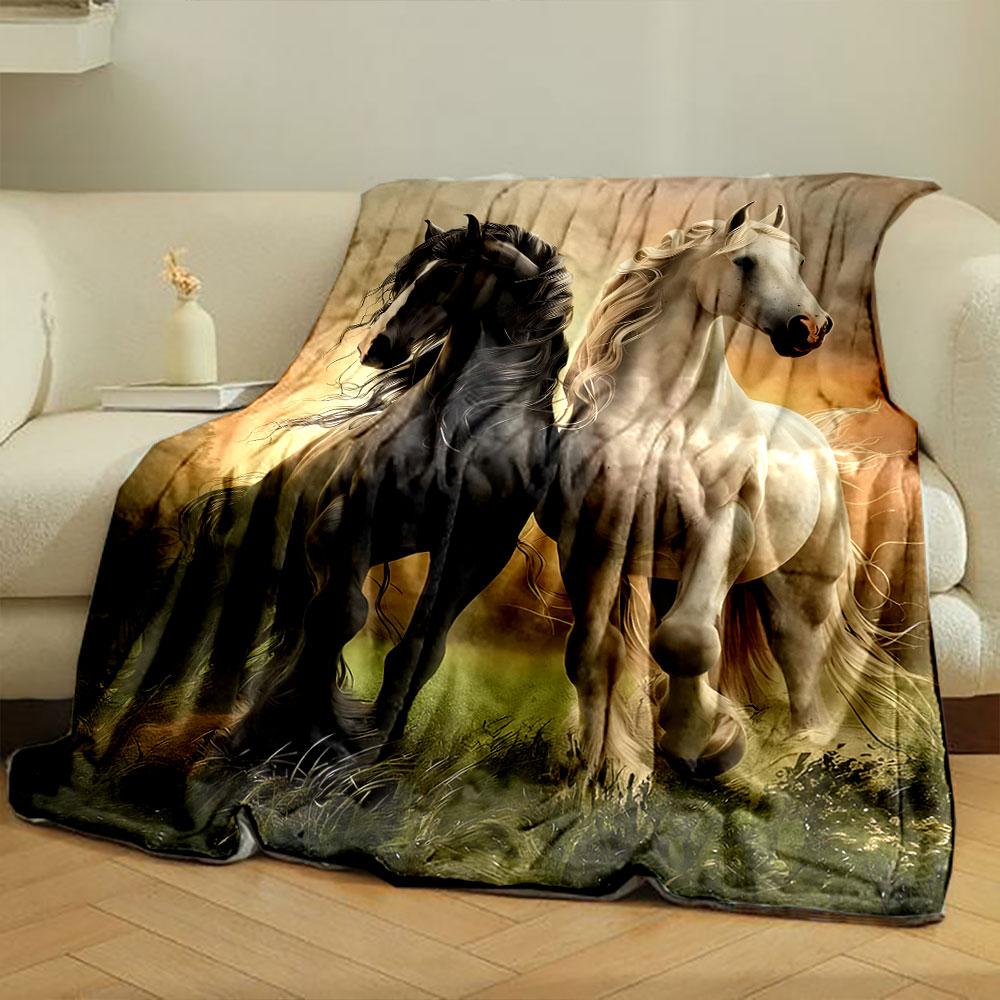 Black and White Horses Printed Blanket bedroom Blanket for Livingroom Couch lunch break Soft throw for Friend's festival Gift