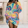 Women Plus Size One Shoulder Long Sleeve Abstract Gradient Print Black Pink Dress
