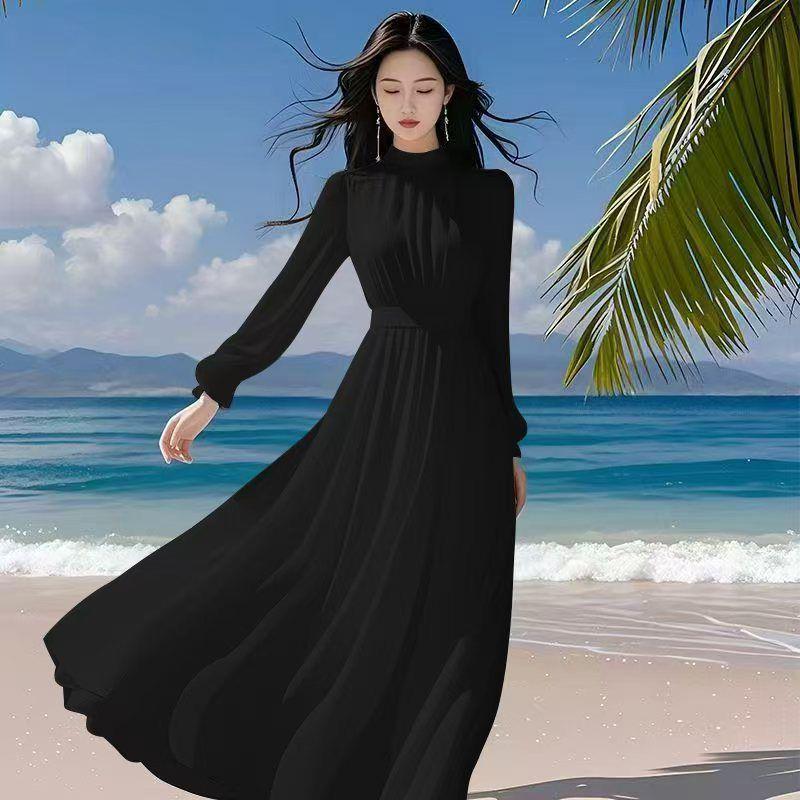 Elegant Women's Purple Long Sleeve Spring-Autumn Seaside Vacation Dress with Waist-Cinched Wide Hem, 2025 New Style.
