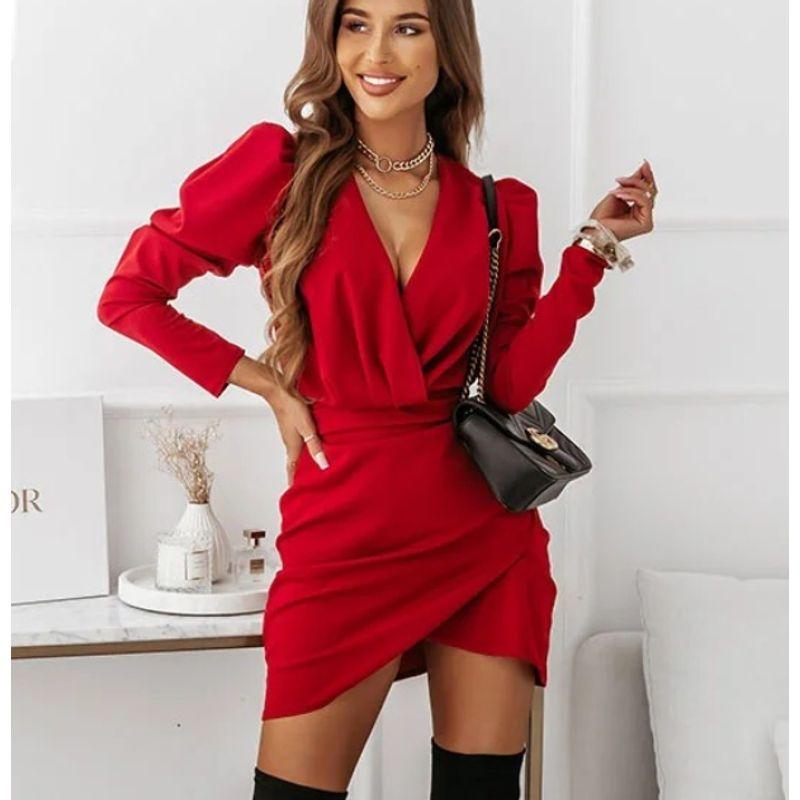 

Dress Slim Fit V Neck Bubble Long Sleeve Asymmetrical Pullover Red XL