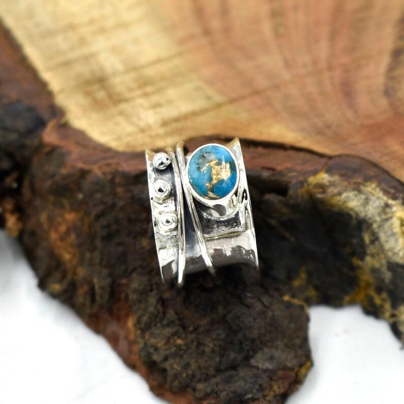 Blue Copper Turquoise Oval Gemstone Solid 925 Sterling Silver Spinner Band Handmade Designer Ring Unisex Gift