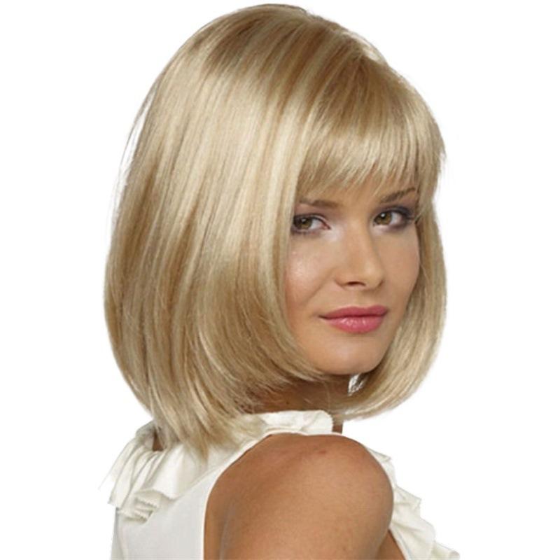 

Светлый короткий прямой боб синтетический парик с челкой для женщин термостойкий для косплея вечеринки повседневный натуральный стиль волос золотистый