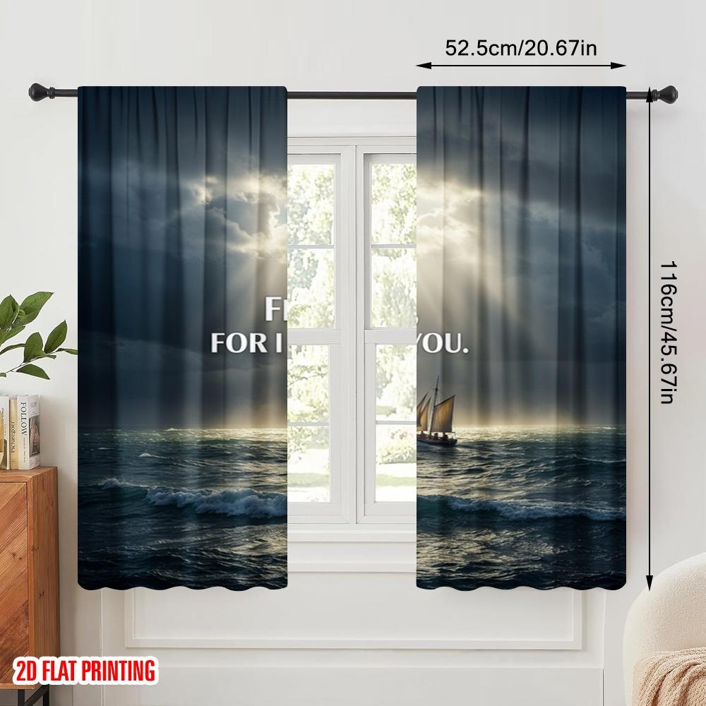 2pcs 2D Flat Printing Scene Curtains Fear Not With You Sailboat 100% Polyester Fabric Without Electricity Seasonal Party &
