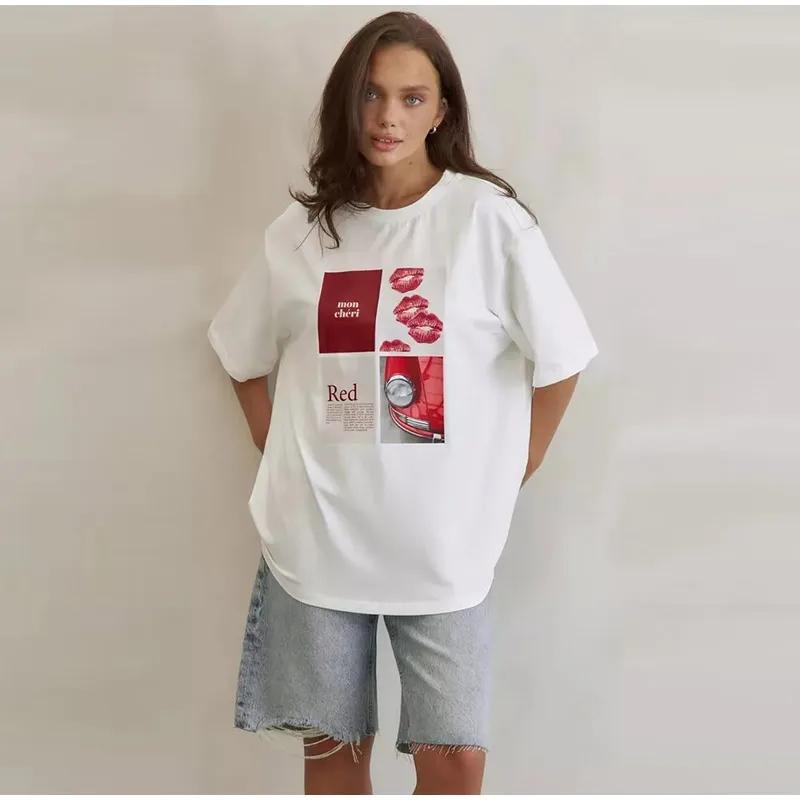 

Chic Heart Letter Printed T-shirts Women Loose O-neck Half Sleeve Oversize Female Tee 2025 Summer Fashion Lady Outwears S