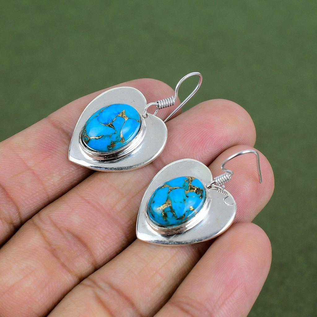 Copper Blue Turquoise Earring 925 Sterling Silver Earring Original Gemstone Earring Handmade Jewelry Unique Style Earrings Engagement Gifts