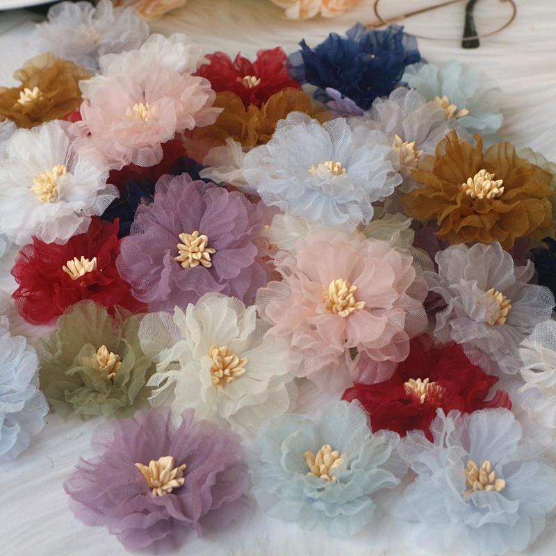 10Pcs 5CM Wrinkle Chiffon Fabric Cored Flowers For DIY Hair Accessories Hats Headband Wedding Dress Decoration