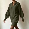 Women's Loose Fit Mid-Length Knit Sweater Dress with Sleeves and Turn-Down Collar