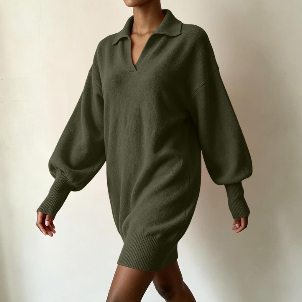 Women's Loose Fit Mid-Length Knit Sweater Dress with Sleeves and Turn-Down Collar
