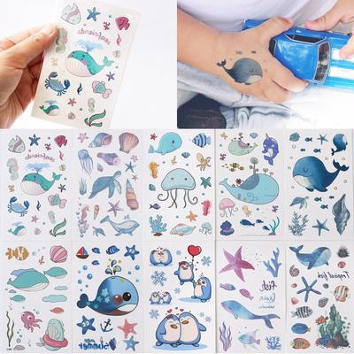 Adesivo de tatuagem infantil de golfinho, baleia subaquática, pinguim, adesivo de tatuagem de henna para crianças, tatuagem (golfinho - 10 peças), 1 conjunto