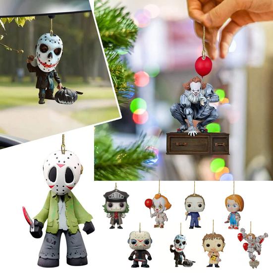 Halloween Car Rear View Mirror Charm Horror Mini Zombie 2D Flat Acrylic Hanging Ornament Auto Interior Accessories for Car Backpack