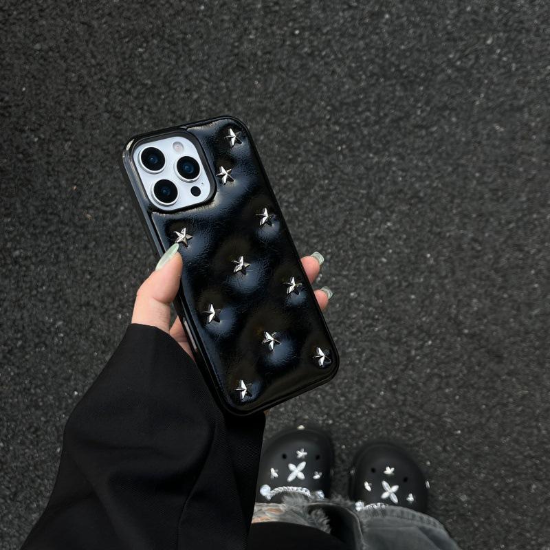 Cool Black Leather 3D Star Phone Case with Lanyard for iPhone 14/15/16 Pro/Pro Max