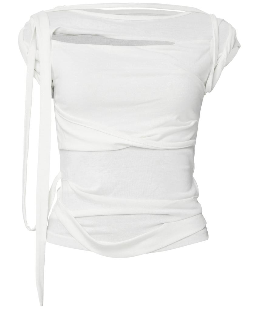Peulleeoeob Asymmetrical Draped Strap Roll-Up T-Shirt (Fl-170_Cream)