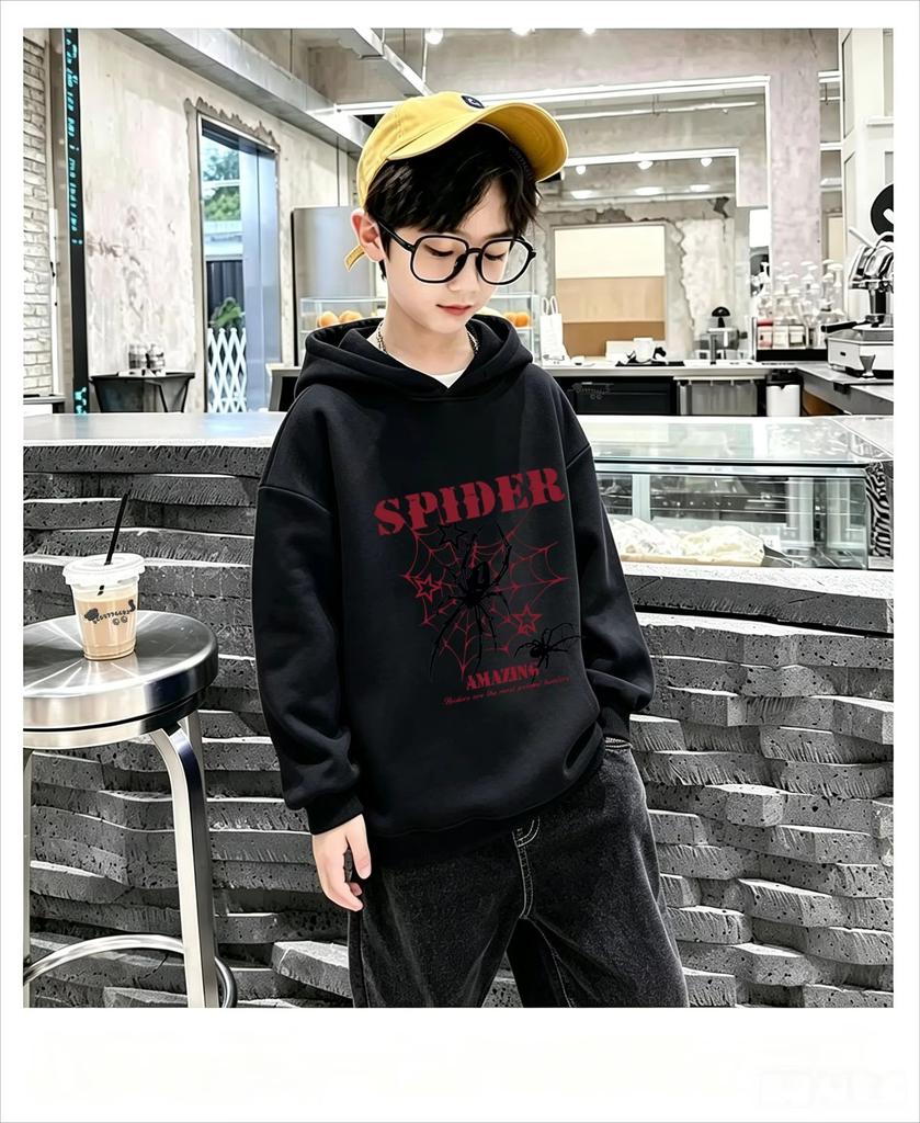 Dětský trendy hooded pullover s potiskem pavučiny, volný oversized podzimní/zimní denní teplý top