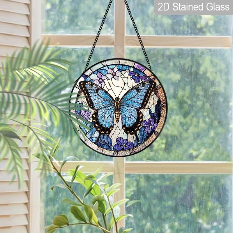2D Flat Stained Glass Blue Butterfly Window Decoration, Elegant Colored Glass Plate with Chain, Charming Sun Catcher Wall Art Home Garden Decor