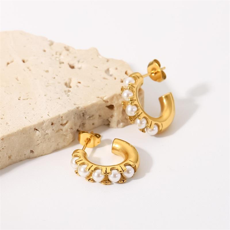 Youthway Stainless Steel Pearls C-shaped Ear Studs 18k PVD Gold Plated Tarnish Free Textured Occident Jewelry Women Gift 2025