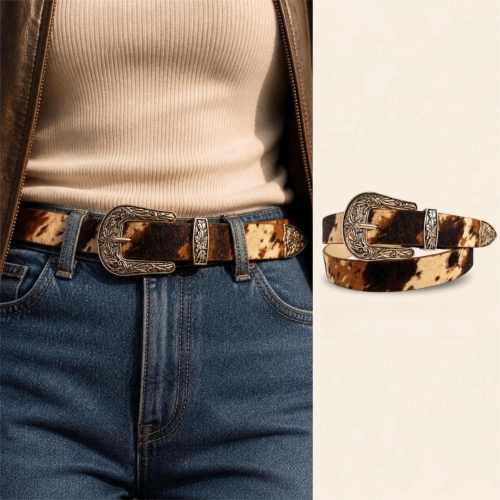 Alloy Buckle Waist Belt PU Leather Cow Print Belt Casual Engraved Buckle Belt For Women Men