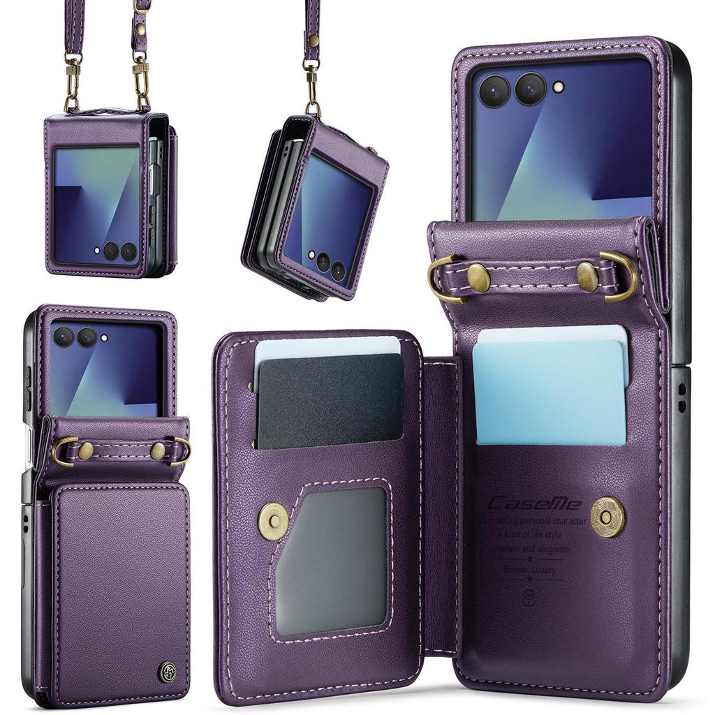 Samsung Galaxy ZFlip7/6/5 Leder Handyhülle mit Umhängeband und Kartenhalter