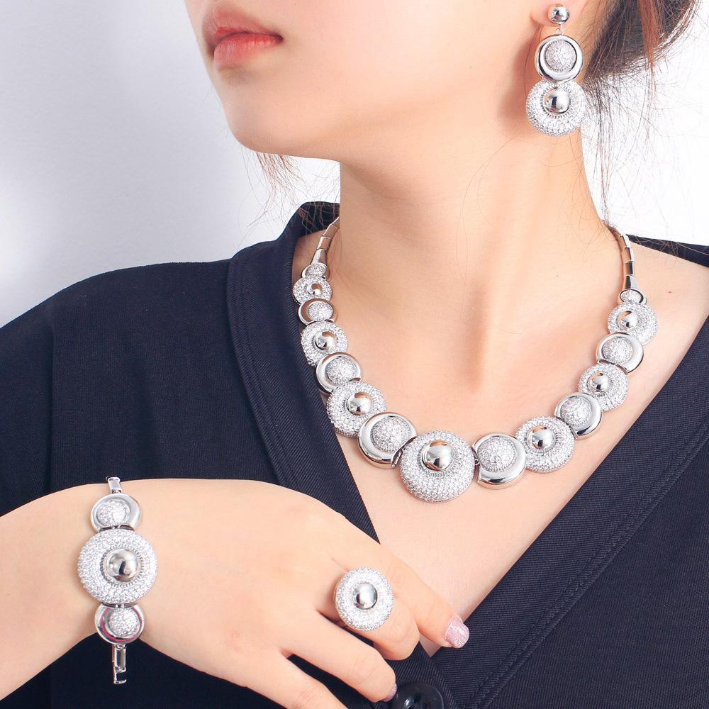 Luxury Full Diamond Set Chain Knot Wedding Dress Banquet Zircon Necklace Earrings Bracelet Ring Four-Piece Set