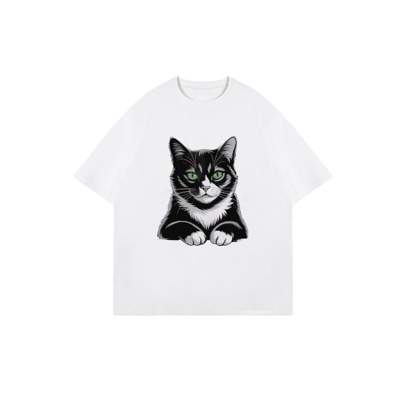 Oversized T Shirt Black Cat Print For Casual Wear