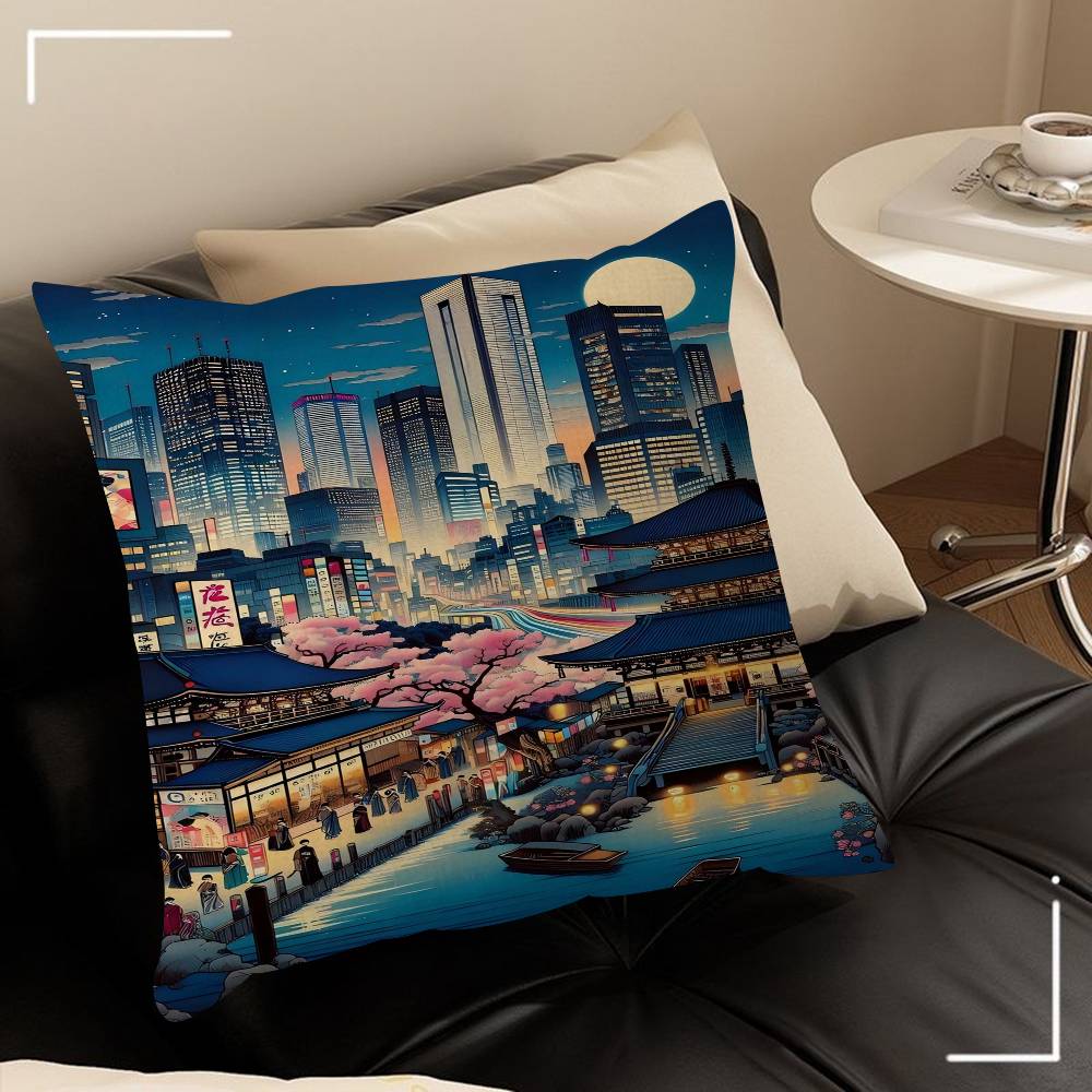 Vintage Japan Tokyo Japanese City Landscape Canvas Cushion Cover Pillow Cover Decor Pillowcase Printed Cushion Case For Couch
